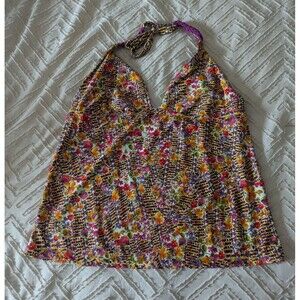 Y2K Floral Halter Tankini Top V-Neck Braided Swimwear Boho Retro 2000s XL Summer